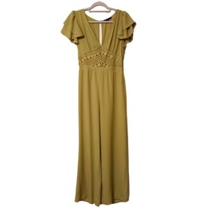 Haute Monde Pistachio Cap Flutter Sleeve‎ Wide Leg Crochet Midriff Jumpsuit M